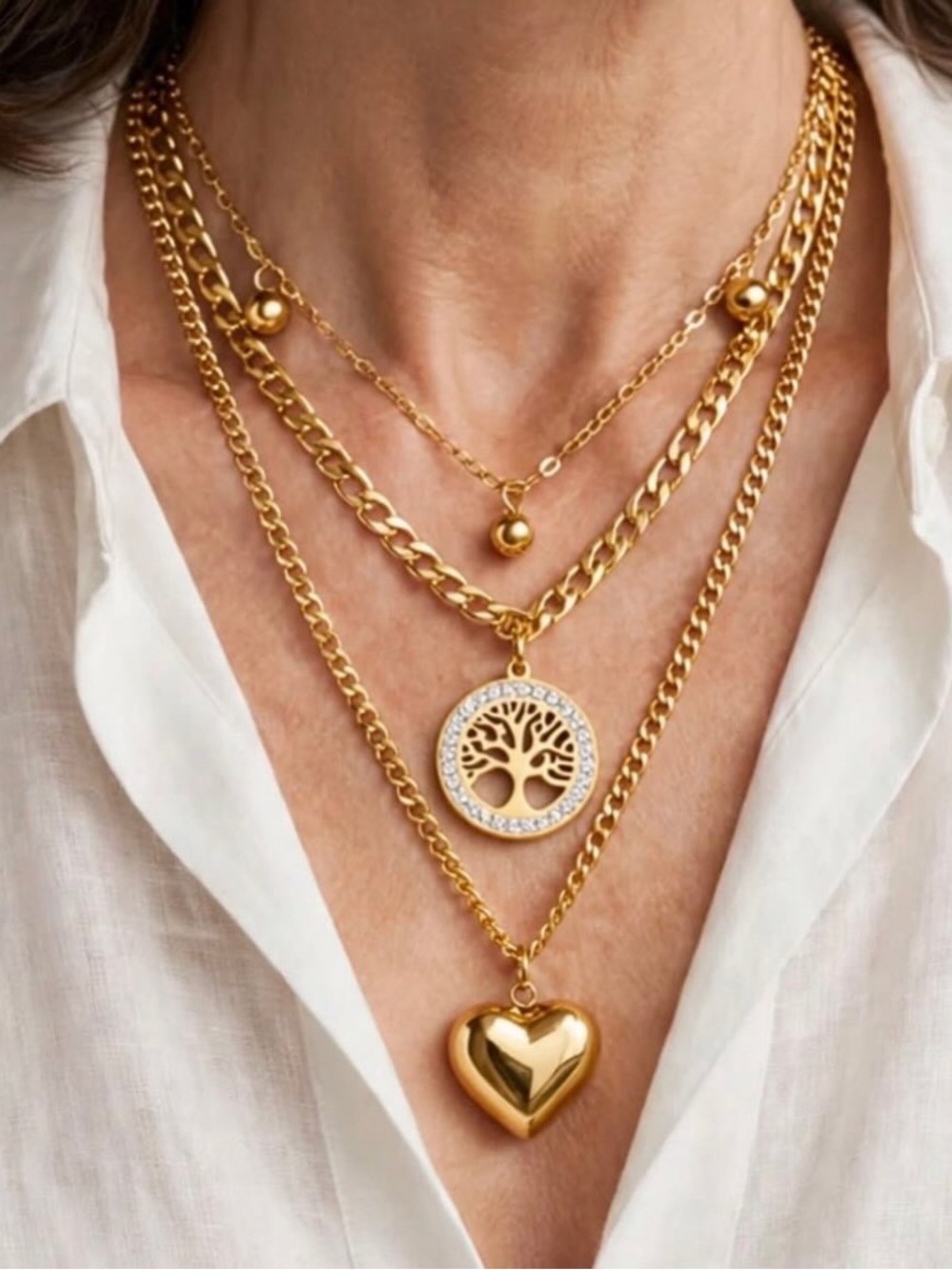 Layered Gold Necklace Set with Tree of Life and Heart Pendants